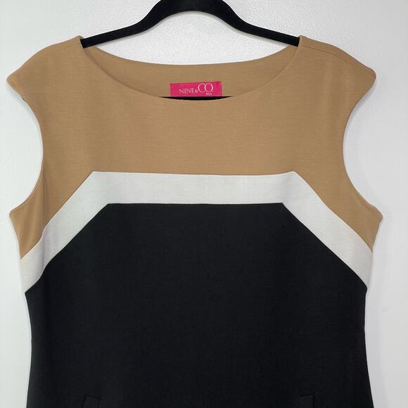 Nine Co Shift Dress Sleeveless Boat Neck Colorblock Brown Black Office Siren 14‎ - Picture 2 of 11